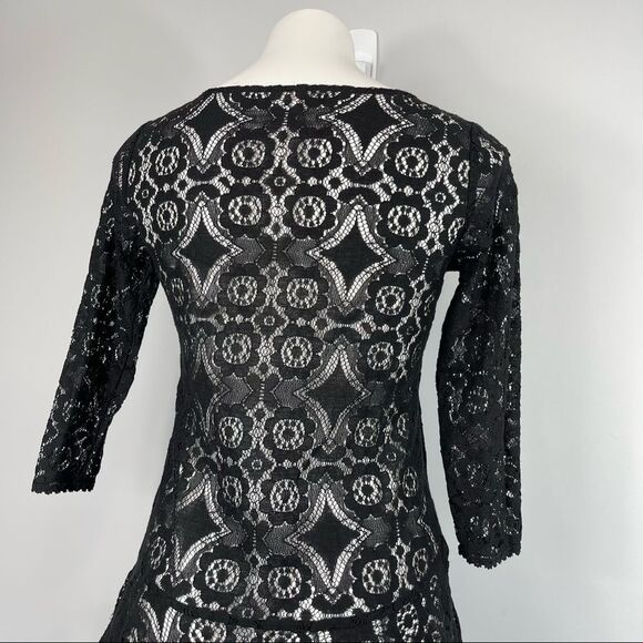 Free People Walking to the Sun Black Lace Mini Dress 0 Ruffle Sheer Tunic Top - Picture 10 of 16